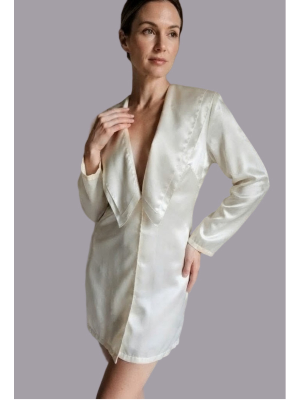 Vintage Laura Adams Ivory Satin Tiered Portrait Collar Lingerie Robe Jacket